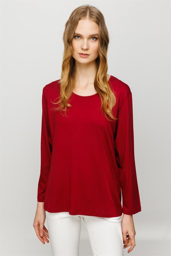 Женская базовая хлопковая блуза с круглым вырезом бордовая