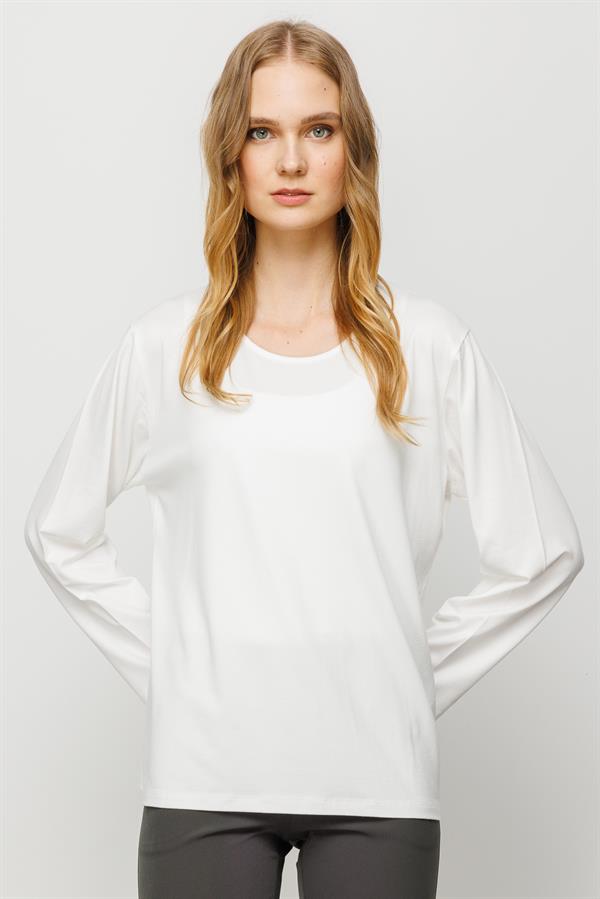 Женская базовая хлопковая блуза с круглым вырезом цвета слоновой кости