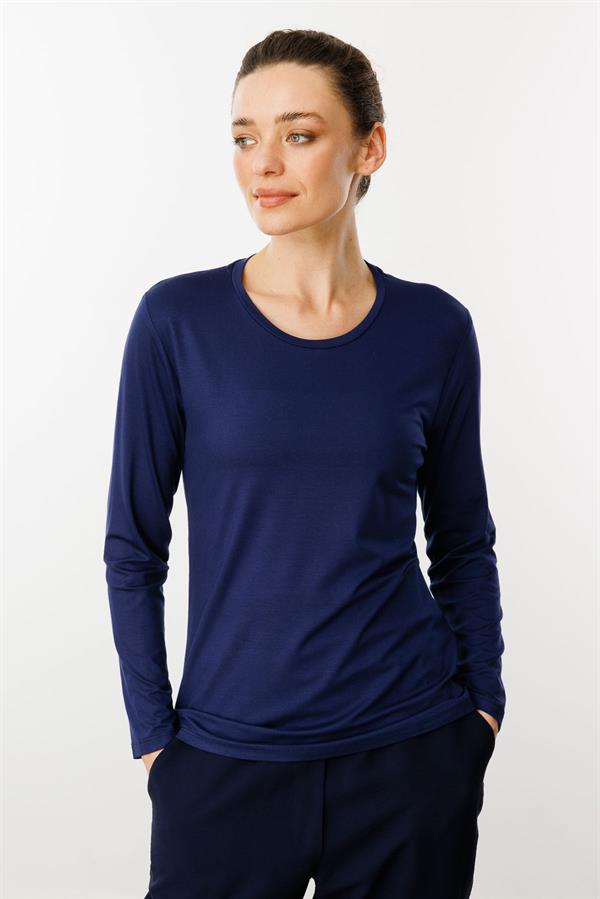 Женская базовая хлопковая блуза с круглым вырезом темно синяя