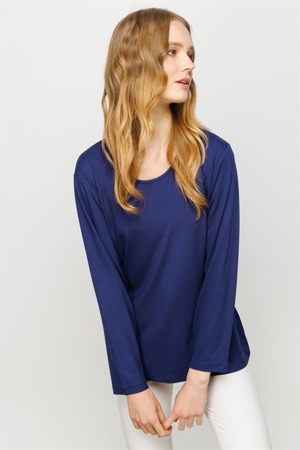 Женская базовая хлопковая блуза с круглым вырезом темно синяя