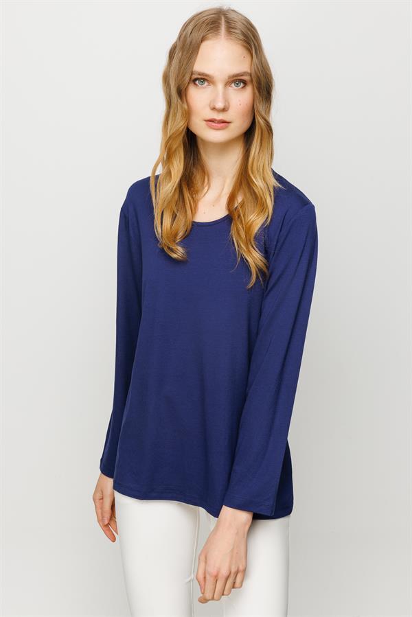 Женская базовая хлопковая блуза с круглым вырезом темно синяя