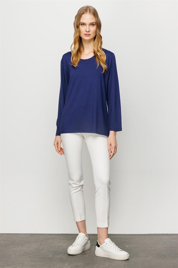 Женская базовая хлопковая блуза с круглым вырезом темно синяя
