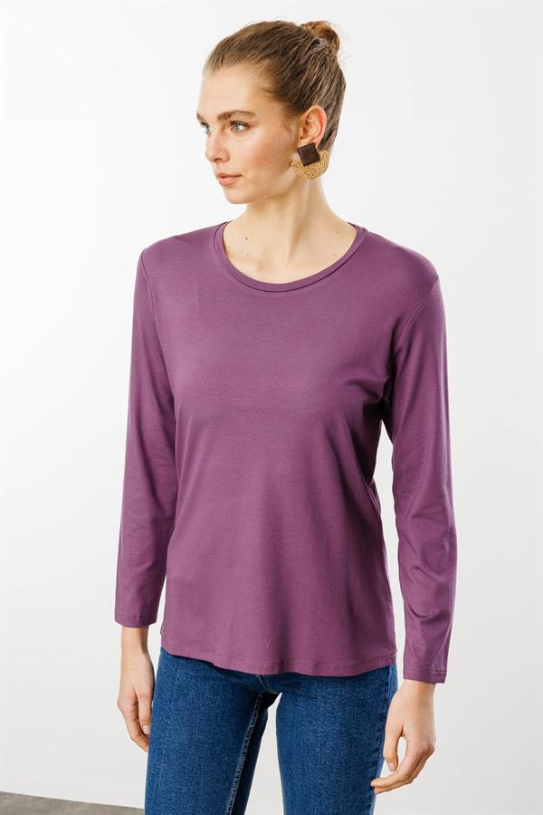Kadın Sıfır Yaka Basic Penye Bluz Lila