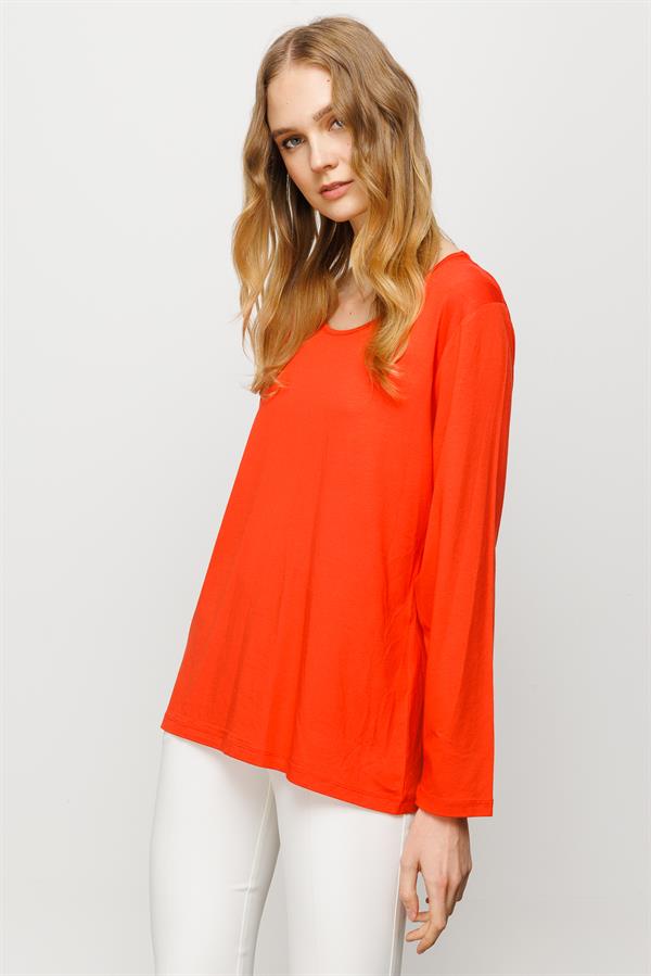 Женская базовая хлопковая блуза с круглым вырезом оранжевая