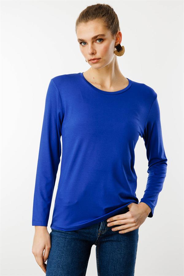 Женская базовая хлопковая блуза с круглым вырезом ярко синяя