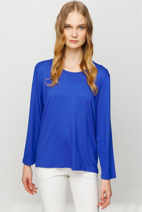 Женская базовая хлопковая блуза с круглым вырезом ярко синяя