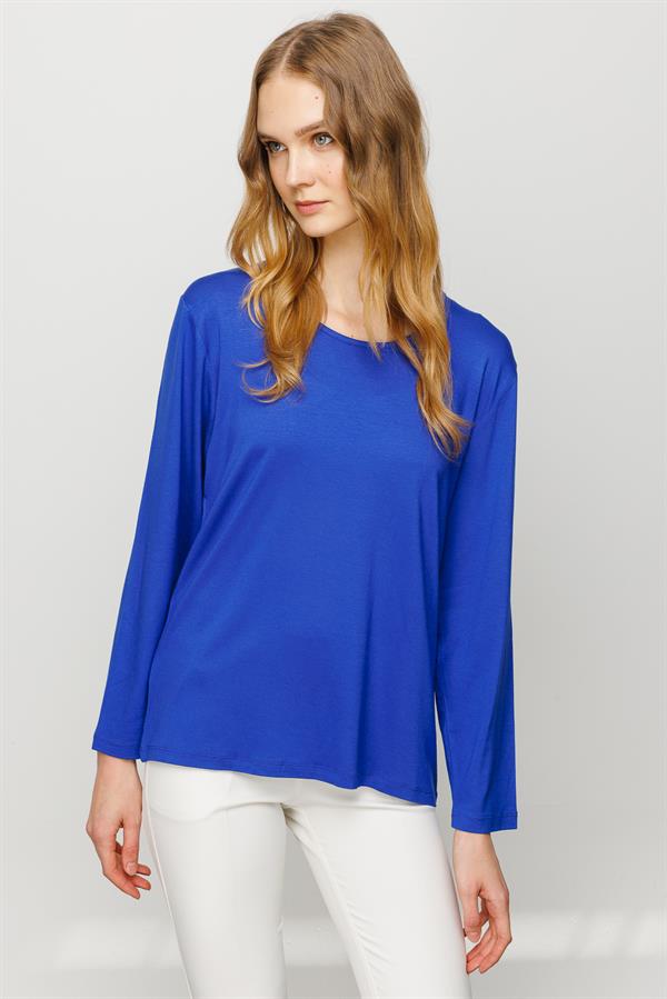 Женская базовая хлопковая блуза с круглым вырезом ярко синяя