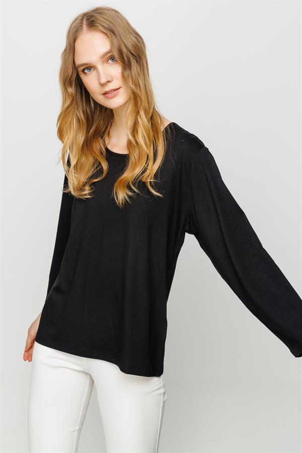 Женская базовая хлопковая блуза с круглым вырезом черная