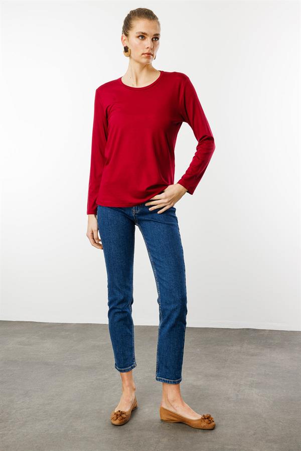 Kadın Sıfır Yaka Basic Penye Bluz Vişne