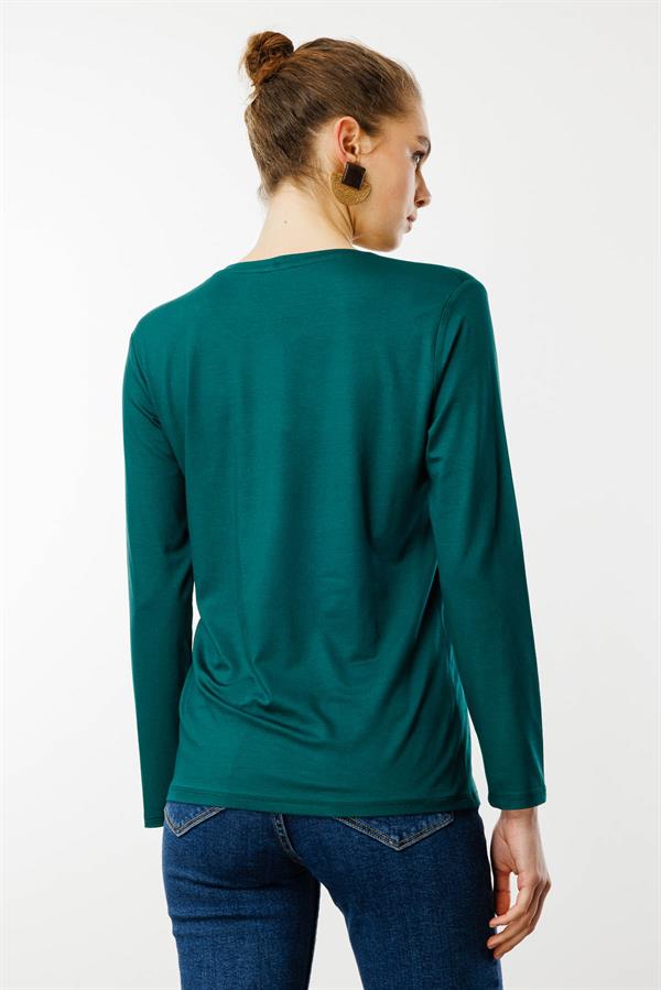 Женская базовая хлопковая блуза с круглым вырезом зеленая