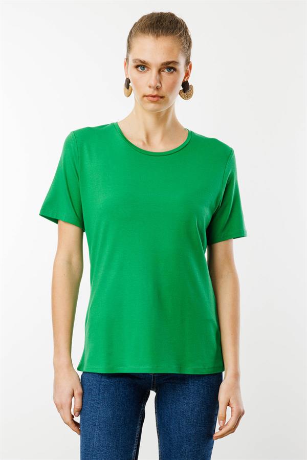 Kadın Sıfır Yaka Basic Penye T-shirt A.Yeşil