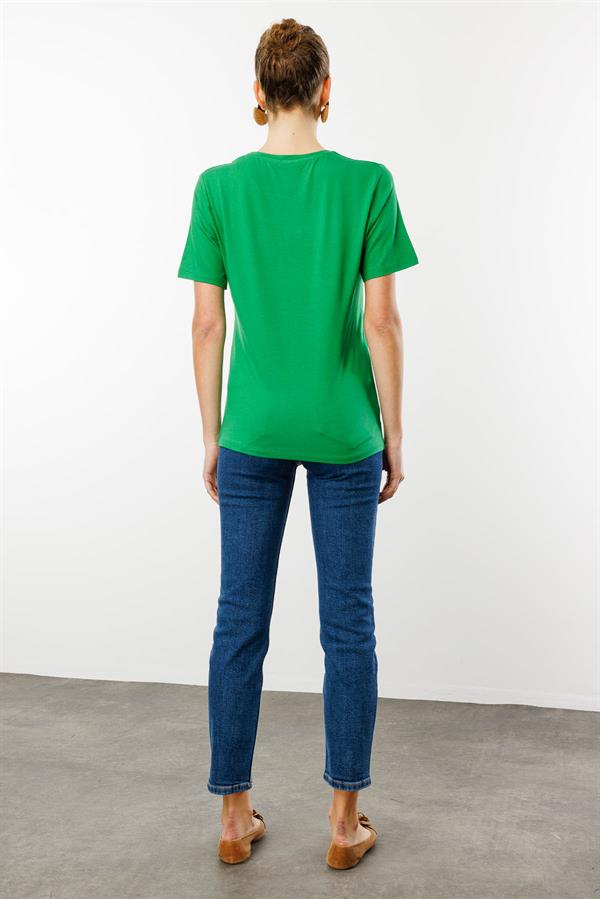 Kadın Sıfır Yaka Basic Penye T-shirt A.Yeşil