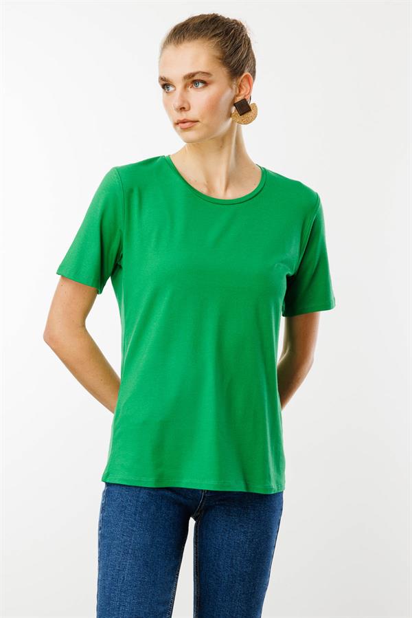 Kadın Sıfır Yaka Basic Penye T-shirt A.Yeşil