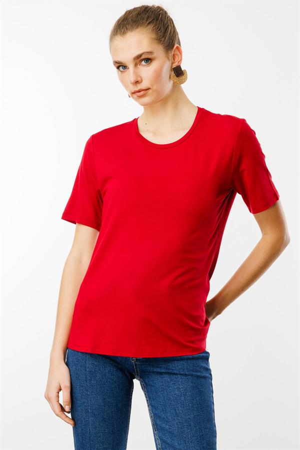 Kadın Sıfır Yaka Basic Penye T-shirt Kırmızı
