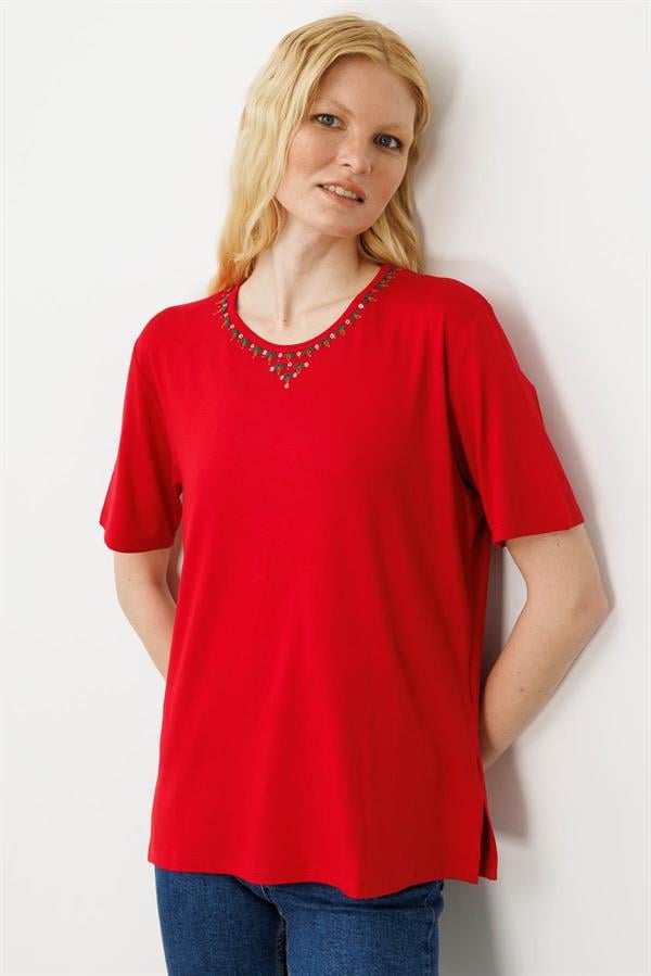 Kadın Sıfır Yaka Basic Penye T-shirt Kırmızı