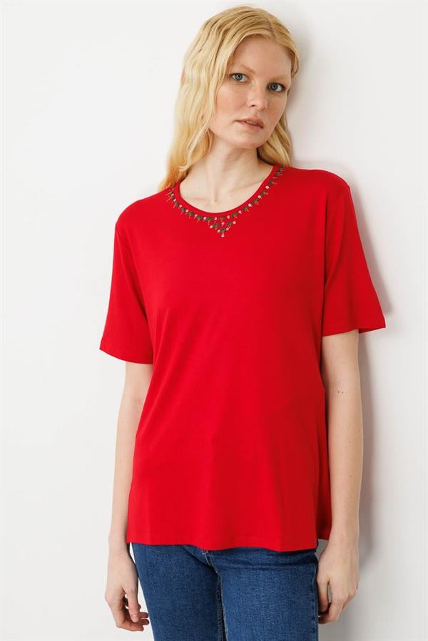 Kadın Sıfır Yaka Basic Penye T-shirt Kırmızı