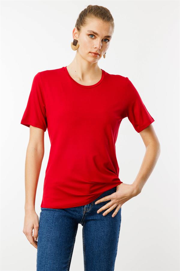 Kadın Sıfır Yaka Basic Penye T-shirt Kırmızı