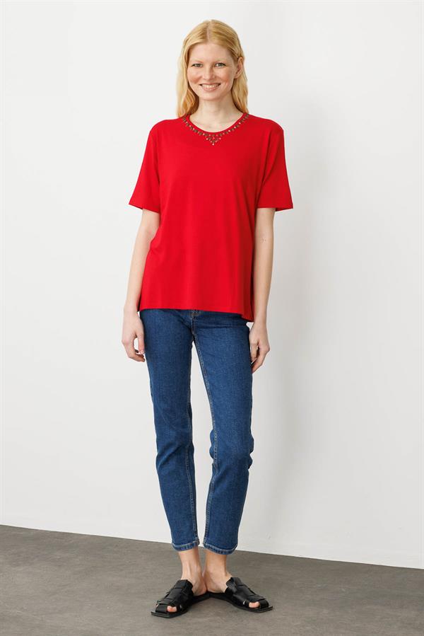 Kadın Sıfır Yaka Basic Penye T-shirt Kırmızı
