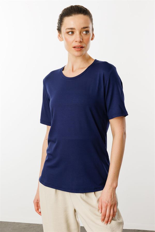 Женская базовая хлопковая футболка с круглым вырезом темно синяя