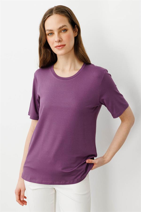 Kadın Sıfır Yaka Basic Penye T-shirt Lila