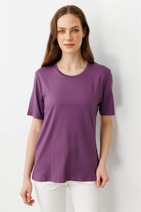 Kadın Sıfır Yaka Basic Penye T-shirt Lila