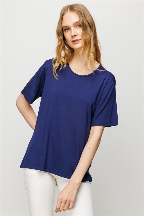 Женская базовая хлопковая футболка с круглым вырезом темно синяя