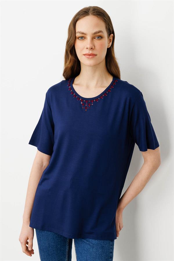 Kadın Sıfır Yaka Basic Penye T-shirt Lacivert