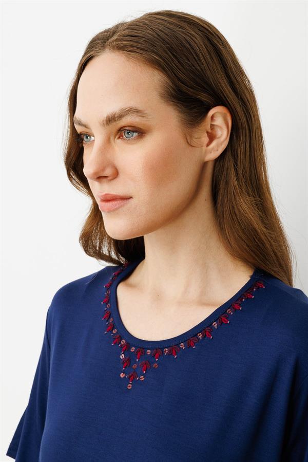 Kadın Sıfır Yaka Basic Penye T-shirt Lacivert