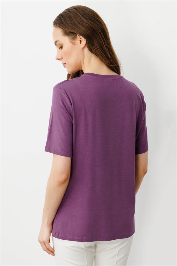 Kadın Sıfır Yaka Basic Penye T-shirt Lila
