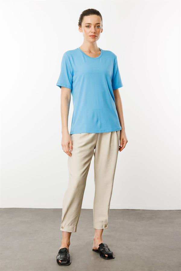 Kadın Sıfır Yaka Basic Penye T-shirt Mavi
