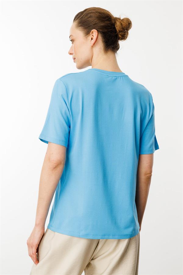 Kadın Sıfır Yaka Basic Penye T-shirt Mavi