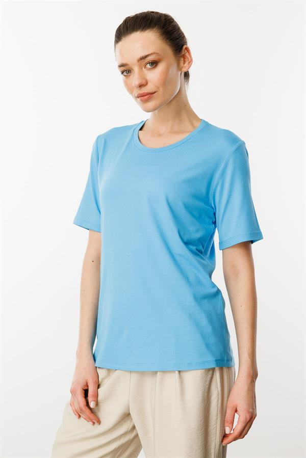 Kadın Sıfır Yaka Basic Penye T-shirt Mavi
