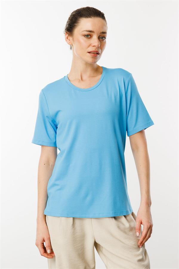 Kadın Sıfır Yaka Basic Penye T-shirt Mavi