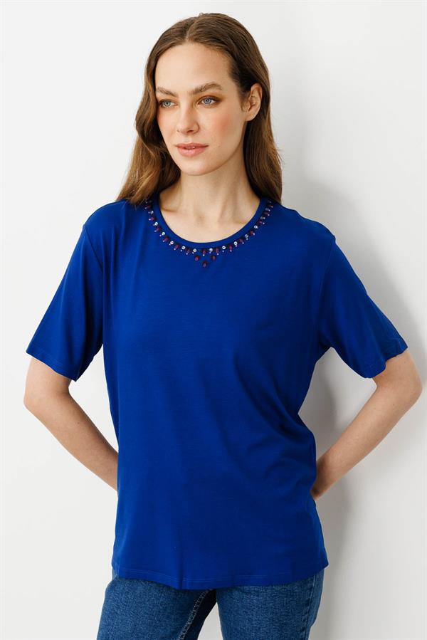 Kadın Sıfır Yaka Basic Penye T-shirt Sax