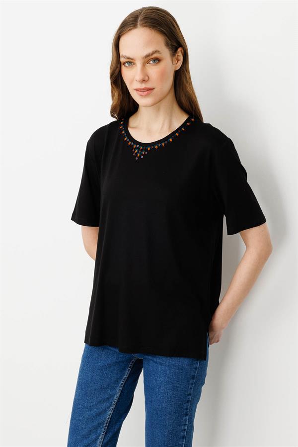 Kadın Sıfır Yaka Basic Penye T-shirt Siyah