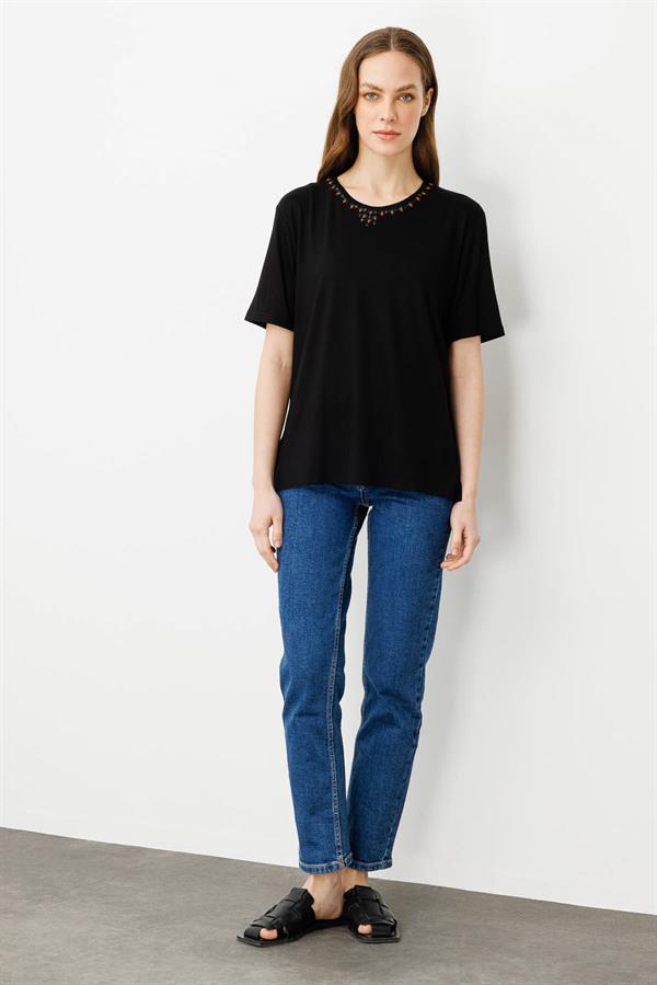 Kadın Sıfır Yaka Basic Penye T-shirt Siyah