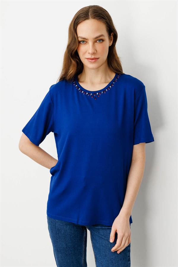 Kadın Sıfır Yaka Basic Penye T-shirt Sax