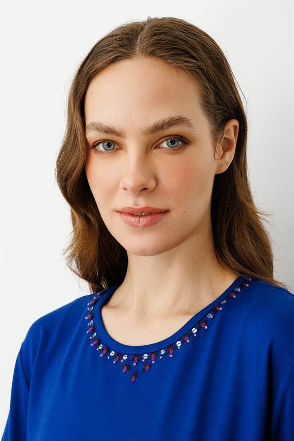 Kadın Sıfır Yaka Basic Penye T-shirt Sax