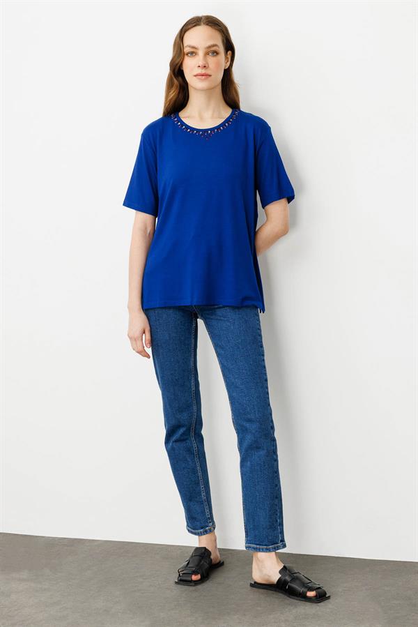 Kadın Sıfır Yaka Basic Penye T-shirt Sax