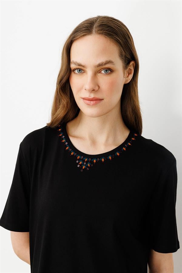 Kadın Sıfır Yaka Basic Penye T-shirt Siyah