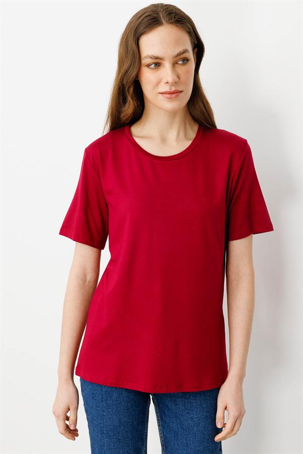 Kadın Sıfır Yaka Basic Penye T-shirt Vişne