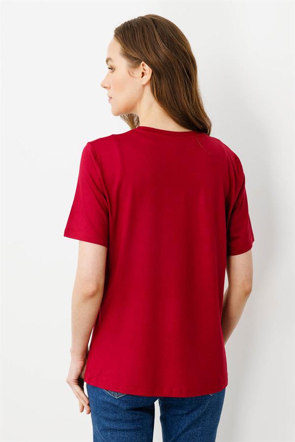 Kadın Sıfır Yaka Basic Penye T-shirt Vişne