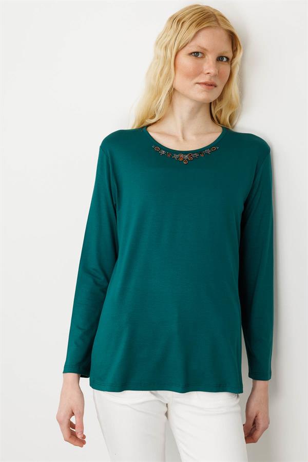 Kadın V Yaka Boncuk İşlemeli Penye Bluz Yeşil
