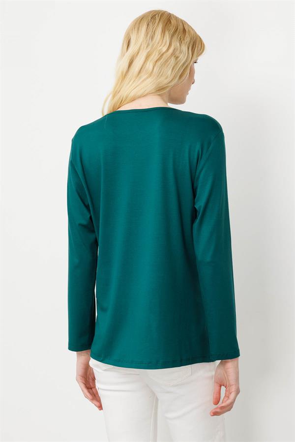 Kadın V Yaka Boncuk İşlemeli Penye Bluz Yeşil