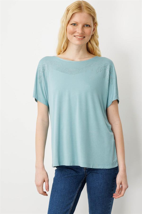 Kadın Sıfır Yaka Boncuk İşlemeli Penye T-shirt Mint