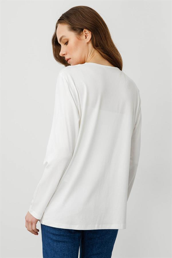 Kadın V Yaka Boncuk İşlemeli Penye Bluz Ekru