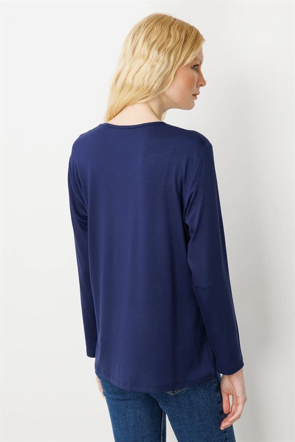 Kadın V Yaka Boncuk İşlemeli Penye Bluz Lacivert