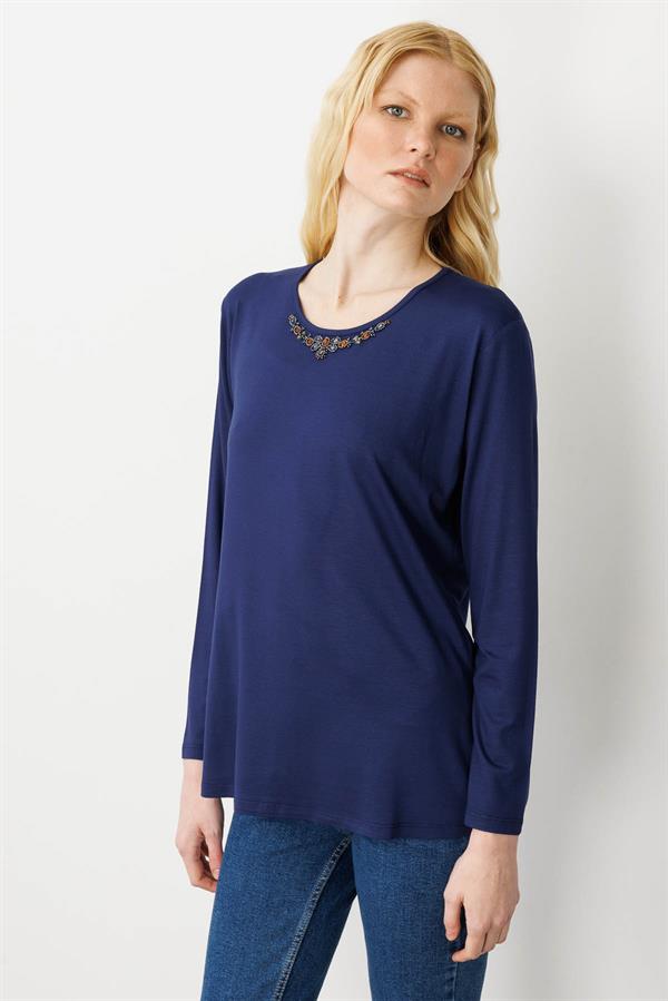 Kadın V Yaka Boncuk İşlemeli Penye Bluz Lacivert