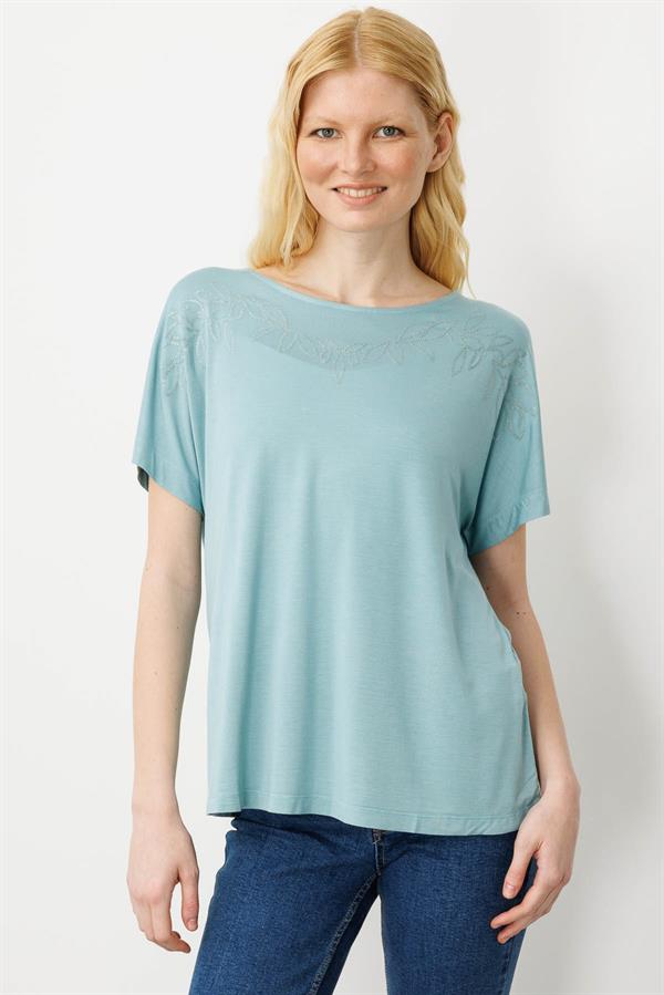 Kadın Sıfır Yaka Boncuk İşlemeli Penye T-shirt Mint