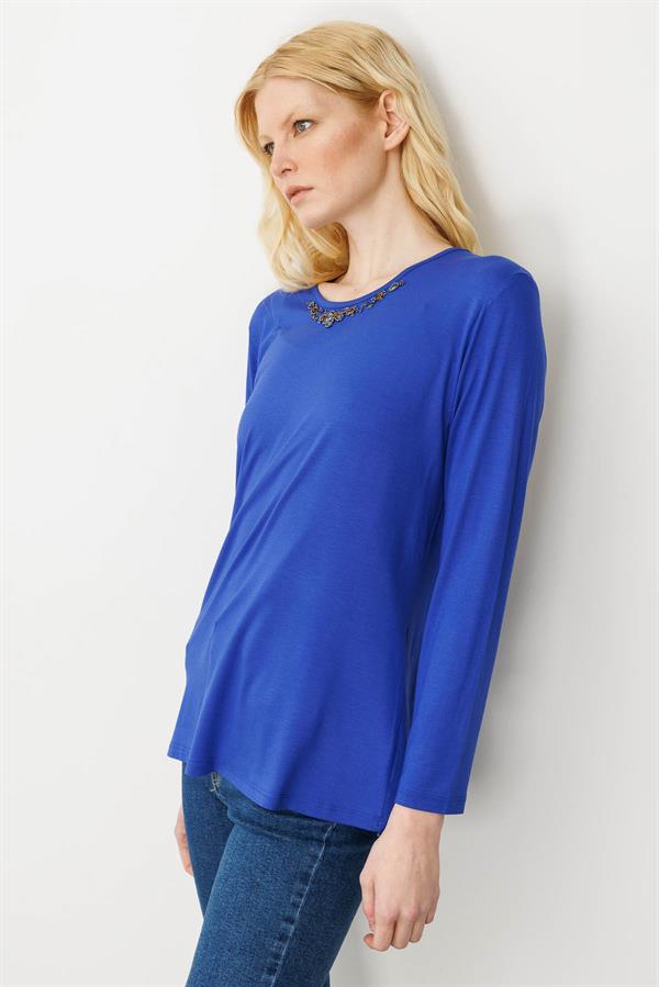 Kadın V Yaka Boncuk İşlemeli Penye Bluz Saks